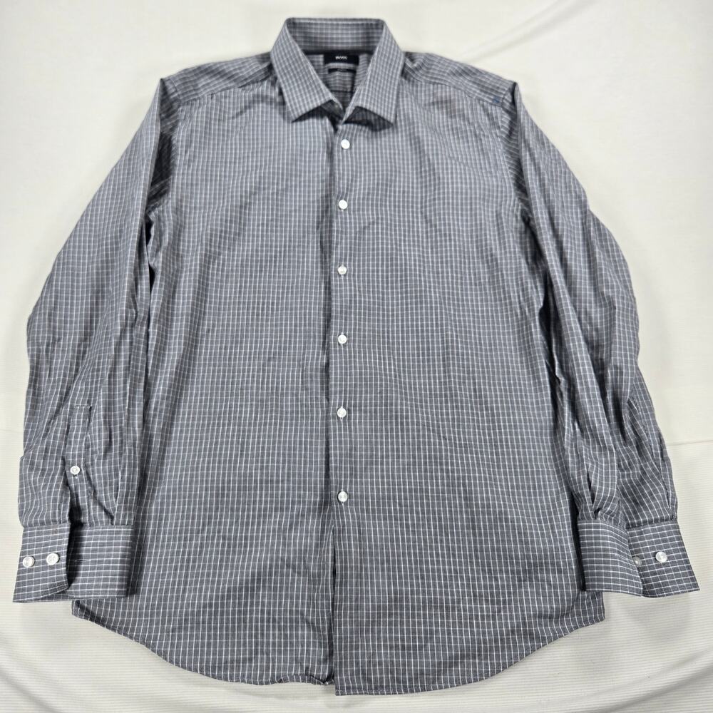 Hugo Boss Slim Fit Smoke Black Plaid Long Sleeve‎ Button Up Shirt Men's Size 17